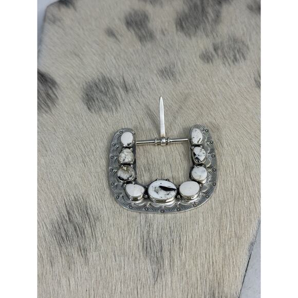 Native American Sterling Silver White Buffalo Belt Buckle Statement Hand Stamped